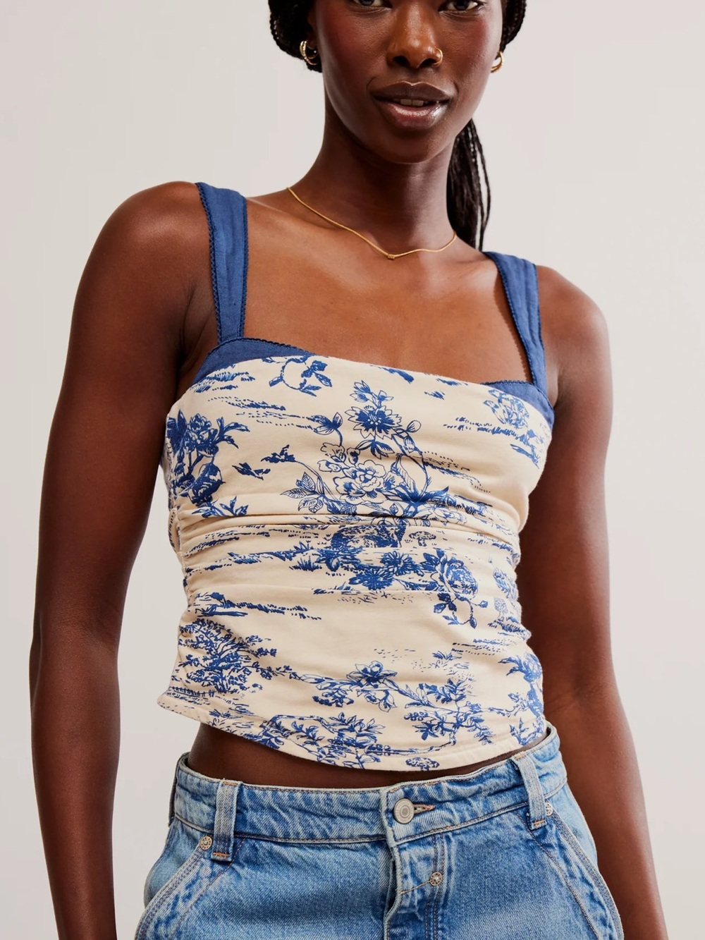 Free People Cream Tank Top with Blue Floral Toile